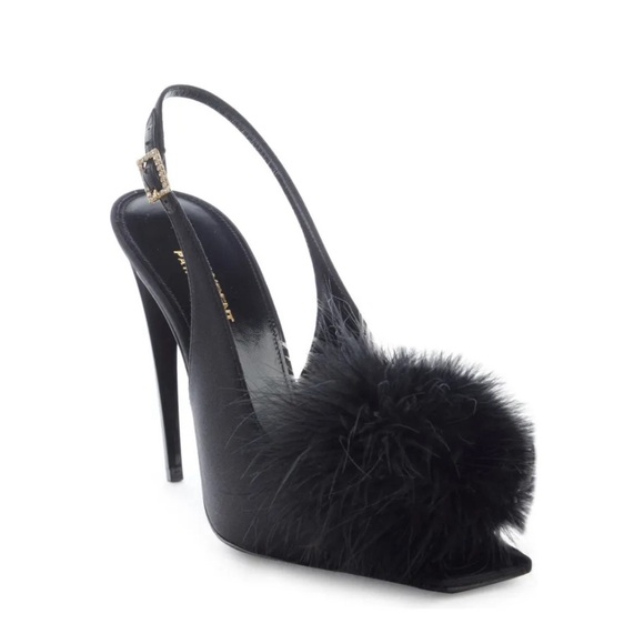 SOLD! Saint Laurent Mae 110 Feather Pompom Slingback Sandals 36 US 6 $1150 - Picture 1 of 11